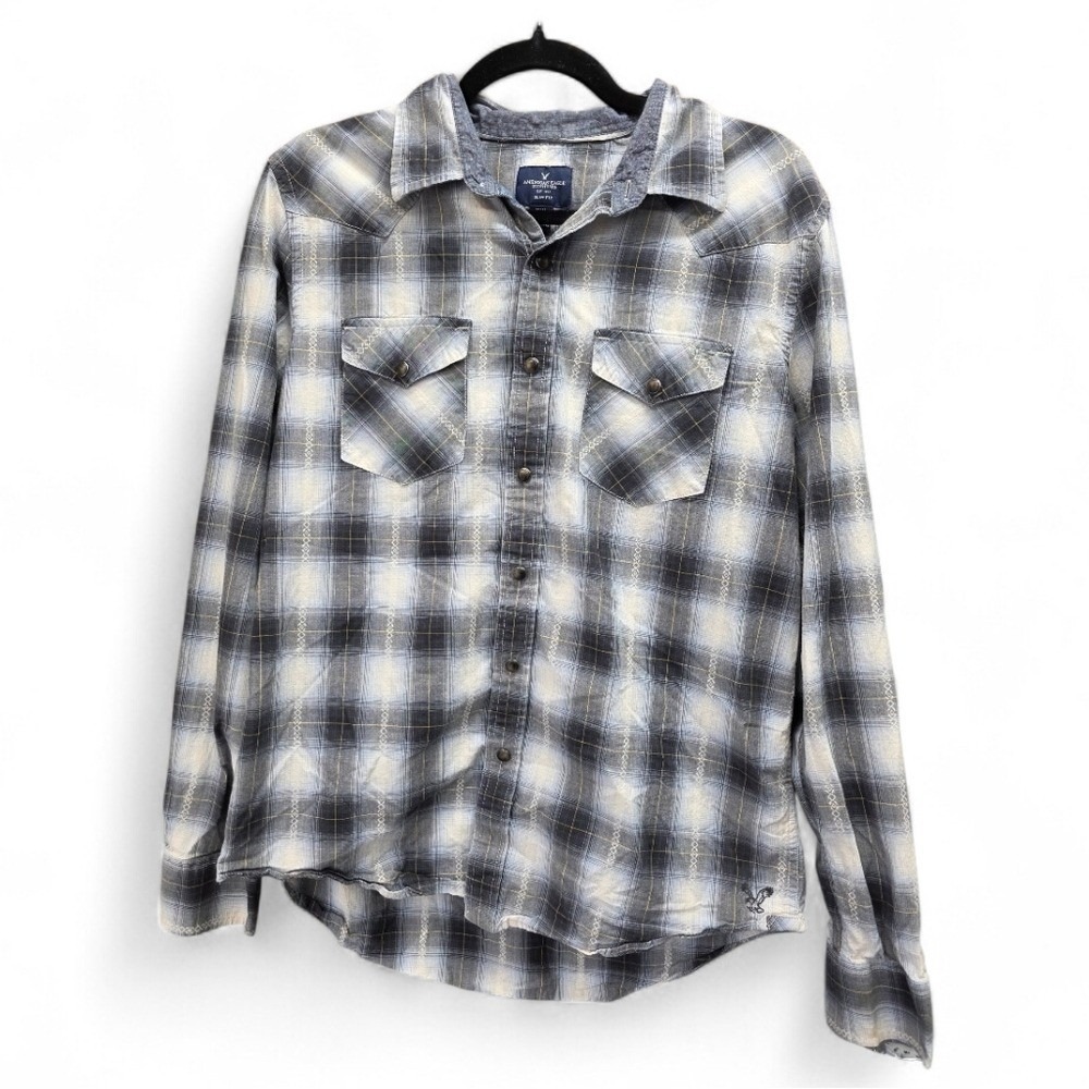 American Eagle Slim Fit Plaid Flannel Shirt Men's M Gray Cotton Button Up Grunge